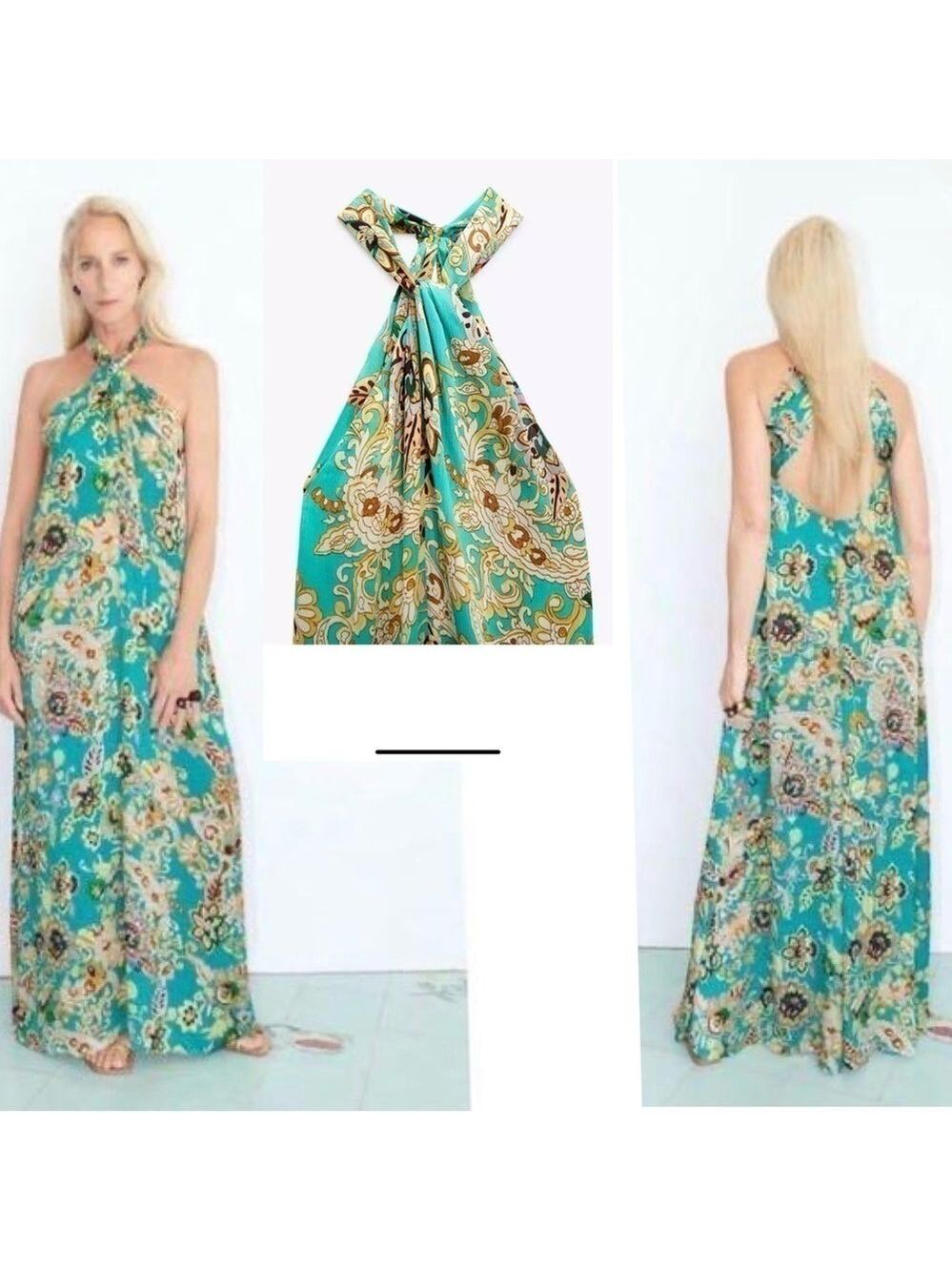 Zara teal satin floral flower print tropical halter open back long maxi dress XS